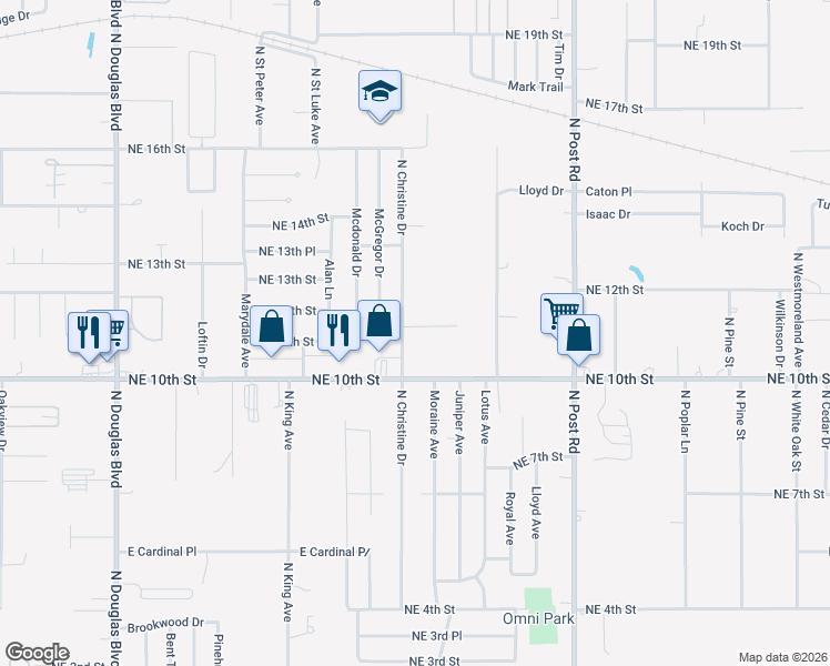 map of restaurants, bars, coffee shops, grocery stores, and more near 9604 Northeast 11th Street in Midwest City