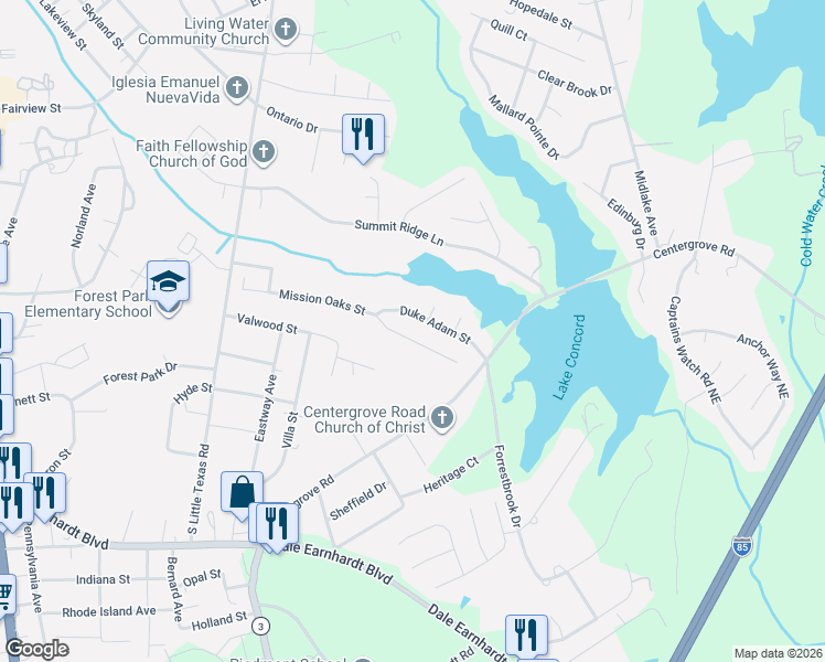 map of restaurants, bars, coffee shops, grocery stores, and more near 1842 Mission Oaks Street in Kannapolis