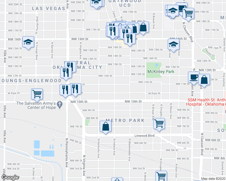 map of restaurants, bars, coffee shops, grocery stores, and more near 1816 West Park Place in Oklahoma City