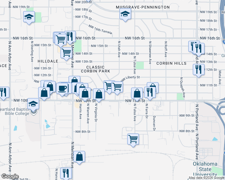 map of restaurants, bars, coffee shops, grocery stores, and more near 4223 Northwest 10th Street in Oklahoma City