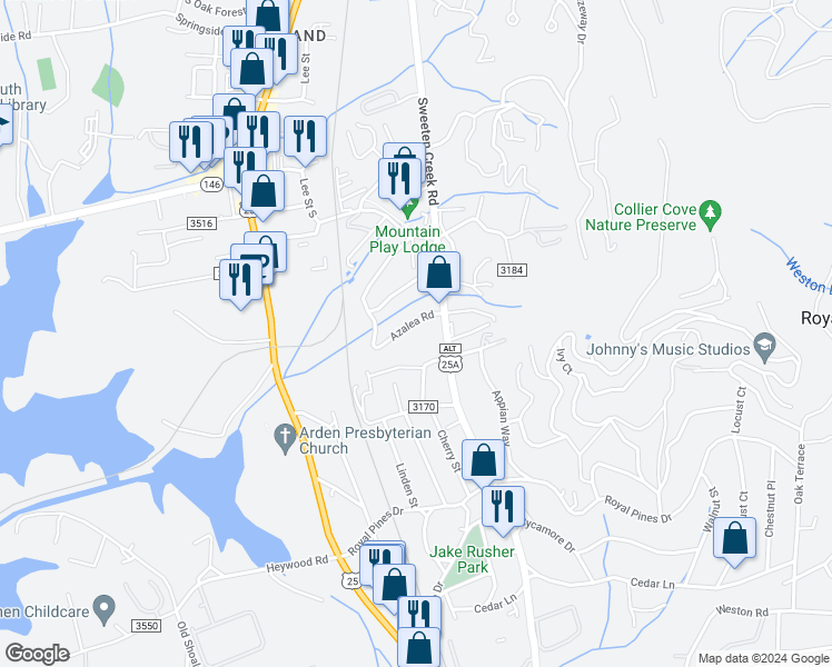 map of restaurants, bars, coffee shops, grocery stores, and more near 6 Azalea Road in Arden