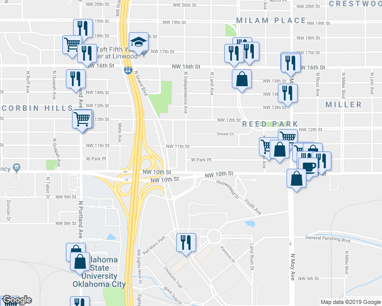map of restaurants, bars, coffee shops, grocery stores, and more near 1130 North Independence Avenue in Oklahoma City