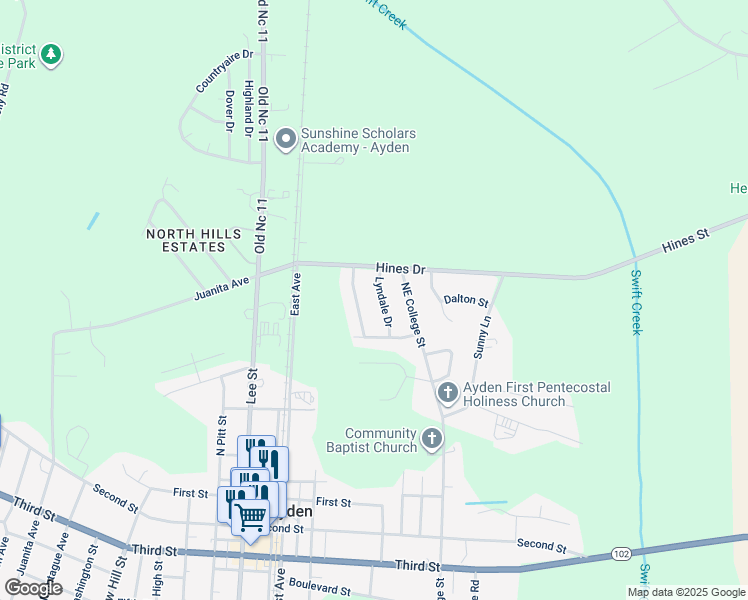 map of restaurants, bars, coffee shops, grocery stores, and more near 3930 Lyndale Drive in Ayden