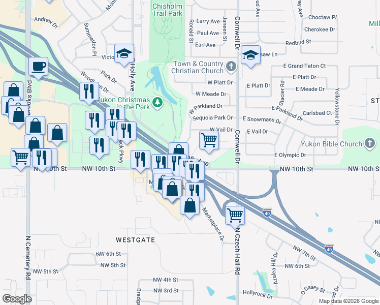 map of restaurants, bars, coffee shops, grocery stores, and more near 2524 West Olympic Drive in Yukon