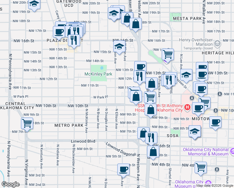map of restaurants, bars, coffee shops, grocery stores, and more near 1201 Northwest 10th Street in Oklahoma City