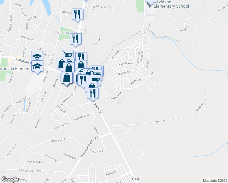 map of restaurants, bars, coffee shops, grocery stores, and more near 11899 Lovers Lawn Terrace in Cornelius