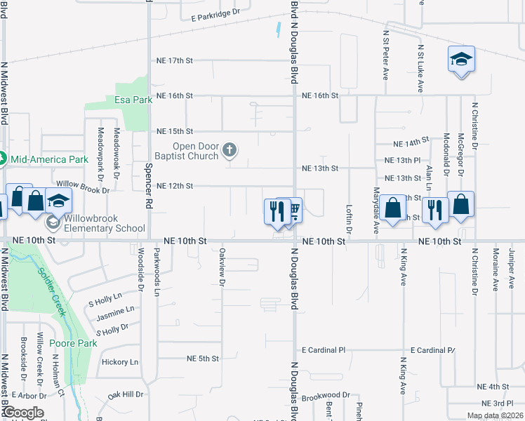 map of restaurants, bars, coffee shops, grocery stores, and more near 1217 Lauren Lane in Midwest City