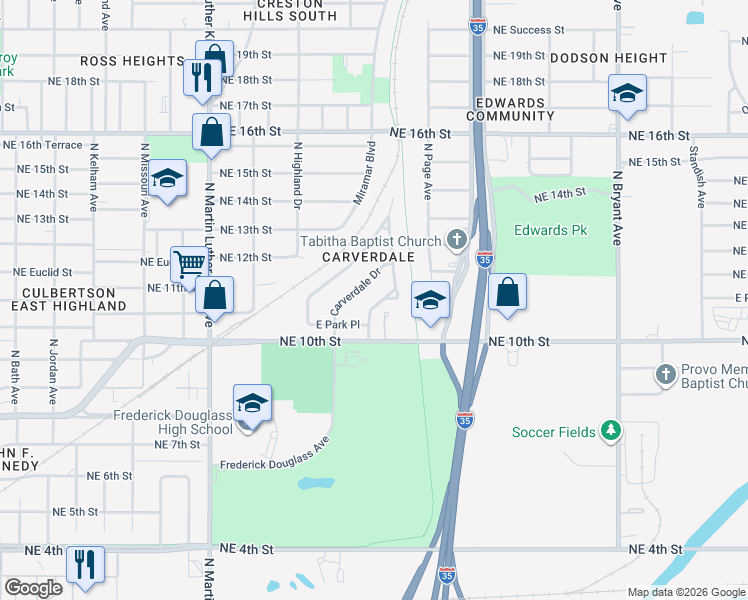 map of restaurants, bars, coffee shops, grocery stores, and more near 1137 Windemere Drive in Oklahoma City