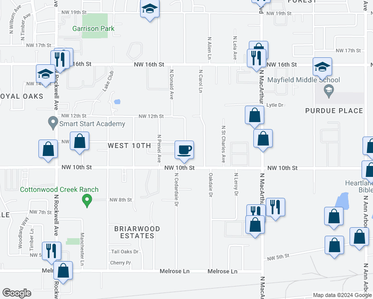 map of restaurants, bars, coffee shops, grocery stores, and more near 1122 North Tela Drive in Oklahoma City