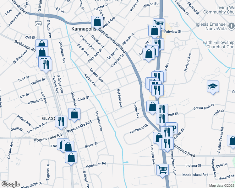 map of restaurants, bars, coffee shops, grocery stores, and more near 1207 Desoto Avenue in Kannapolis