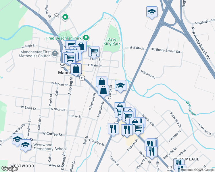 map of restaurants, bars, coffee shops, grocery stores, and more near 405 Madison Street in Manchester