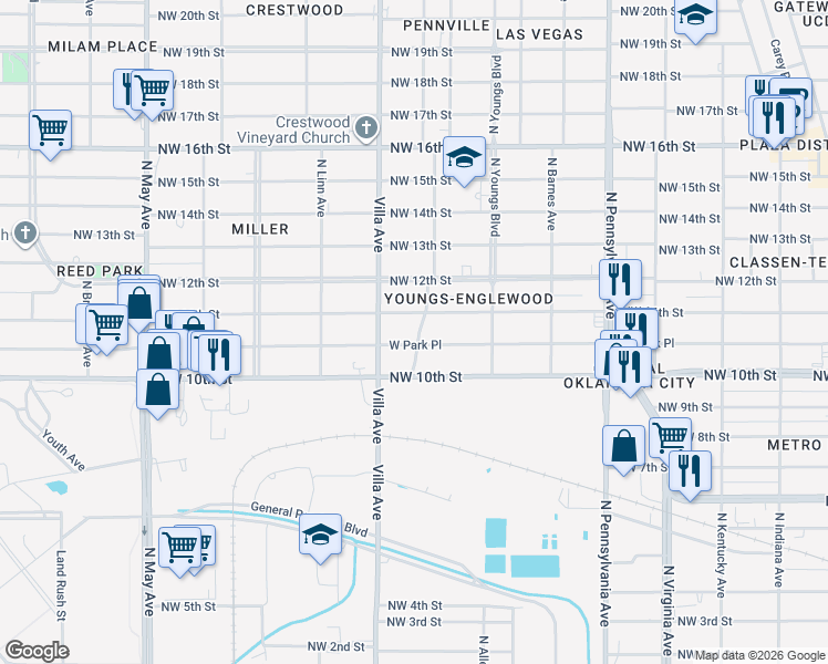 map of restaurants, bars, coffee shops, grocery stores, and more near 2400 West Park Place in Oklahoma City