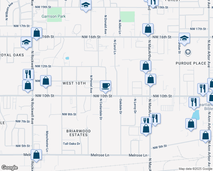 map of restaurants, bars, coffee shops, grocery stores, and more near 6401 Northwest 10th Street in Oklahoma City