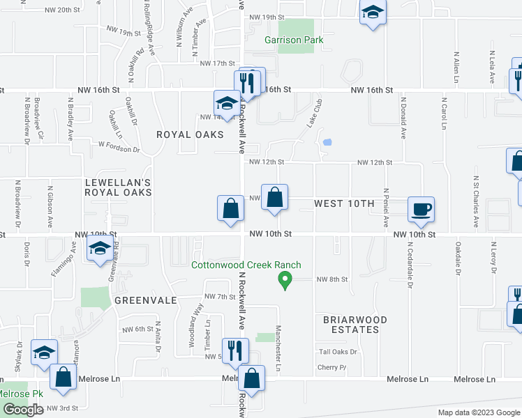 map of restaurants, bars, coffee shops, grocery stores, and more near 6901 Northwest 10th Street in Oklahoma City