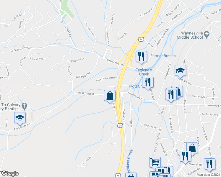map of restaurants, bars, coffee shops, grocery stores, and more near 87 Brookside Court in Waynesville