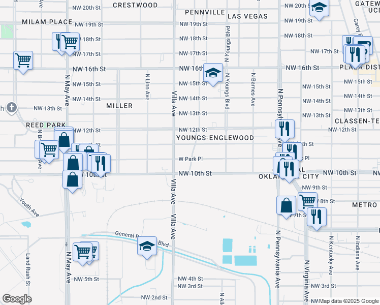 map of restaurants, bars, coffee shops, grocery stores, and more near 2400 West Park Place in Oklahoma City