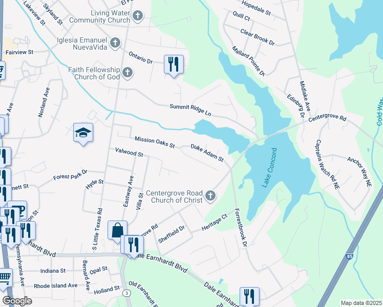 map of restaurants, bars, coffee shops, grocery stores, and more near 1829 Mission Oaks Street in Kannapolis