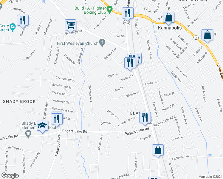 map of restaurants, bars, coffee shops, grocery stores, and more near 306 Ann Street in Kannapolis
