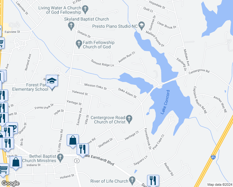 map of restaurants, bars, coffee shops, grocery stores, and more near 1825 Mission Oaks Street in Kannapolis