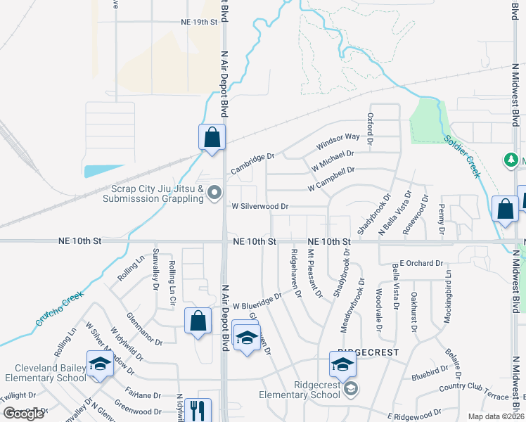 map of restaurants, bars, coffee shops, grocery stores, and more near 3801 North Oak Grove Drive in Midwest City