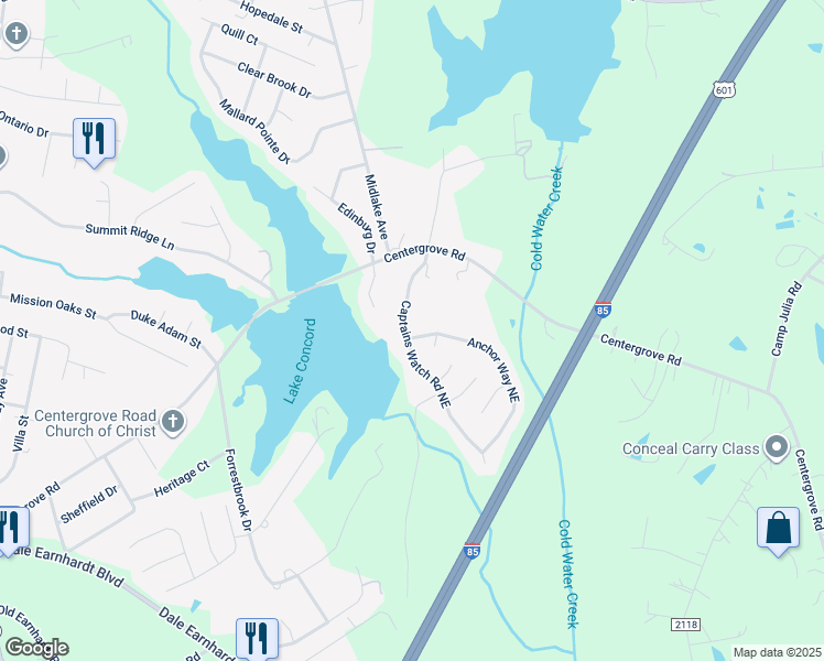 map of restaurants, bars, coffee shops, grocery stores, and more near 2563 Captains Watch Road Northeast in Kannapolis
