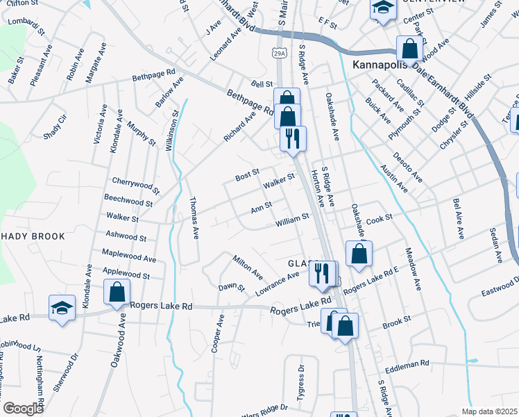 map of restaurants, bars, coffee shops, grocery stores, and more near Ann Street in Kannapolis