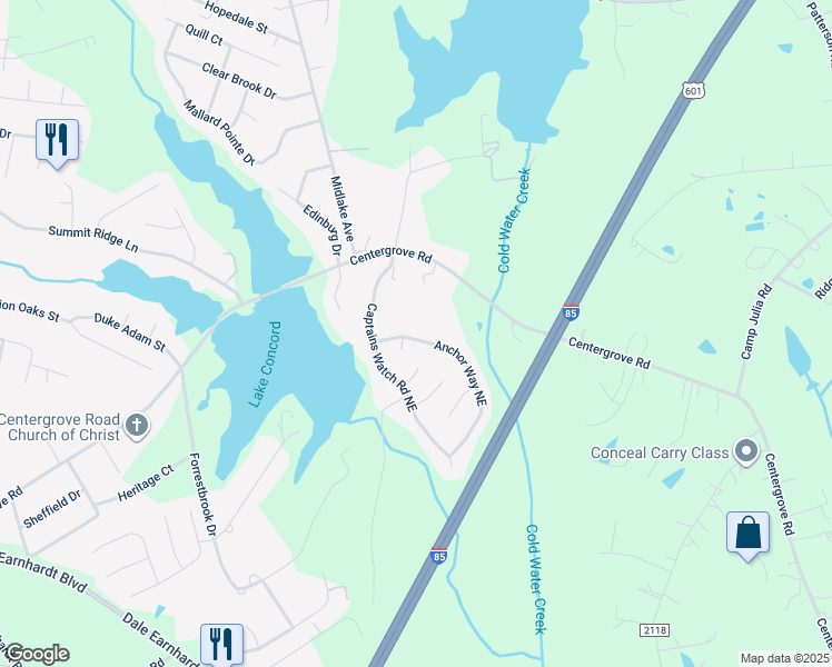 map of restaurants, bars, coffee shops, grocery stores, and more near 831 Anchor Way Northeast in Kannapolis