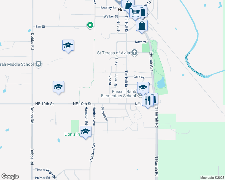 map of restaurants, bars, coffee shops, grocery stores, and more near 1244 North 2nd Street in Harrah