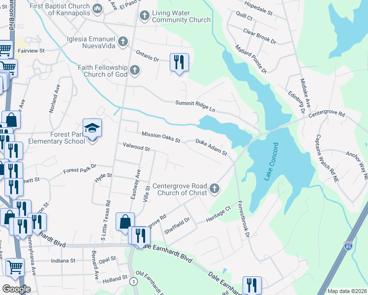 map of restaurants, bars, coffee shops, grocery stores, and more near 1812 Mission Oaks Street in Kannapolis