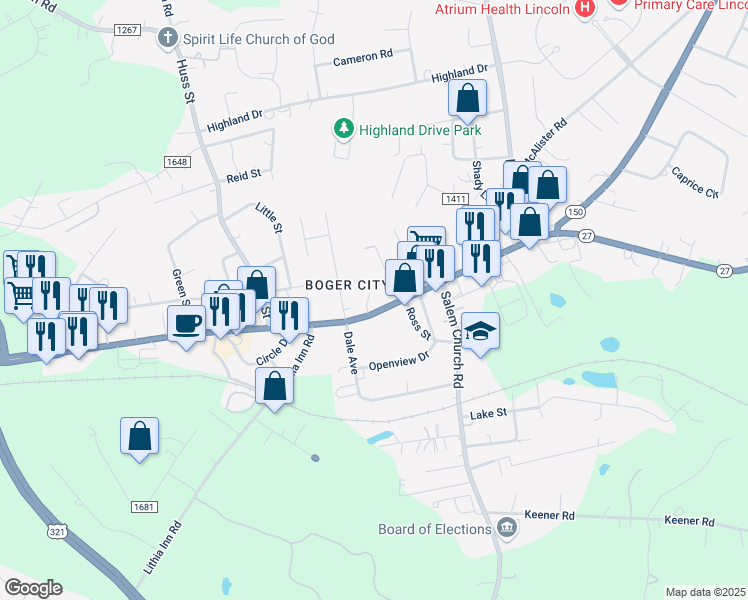 map of restaurants, bars, coffee shops, grocery stores, and more near 2430 East Main Street in Lincolnton