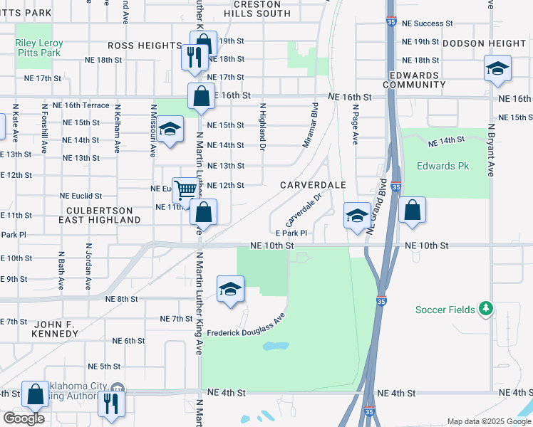 map of restaurants, bars, coffee shops, grocery stores, and more near 1125 Bellevidere Drive in Oklahoma City