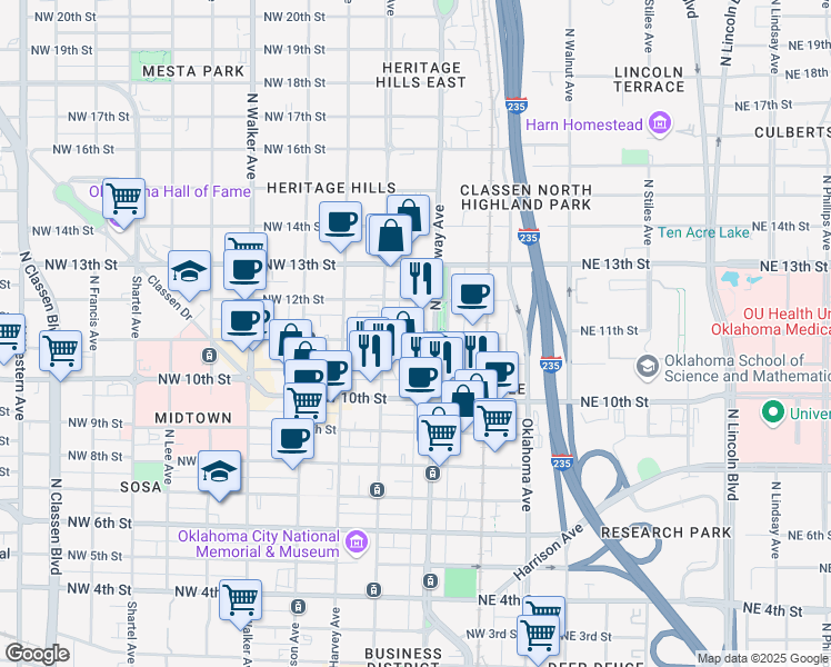 map of restaurants, bars, coffee shops, grocery stores, and more near 1201 North Broadway Place in Oklahoma City