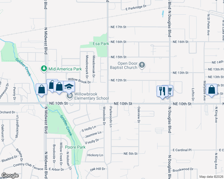 map of restaurants, bars, coffee shops, grocery stores, and more near 8522 Justin Place in Midwest City