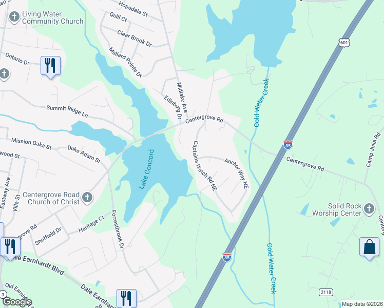 map of restaurants, bars, coffee shops, grocery stores, and more near 2580 Captains Watch Road Northeast in Kannapolis