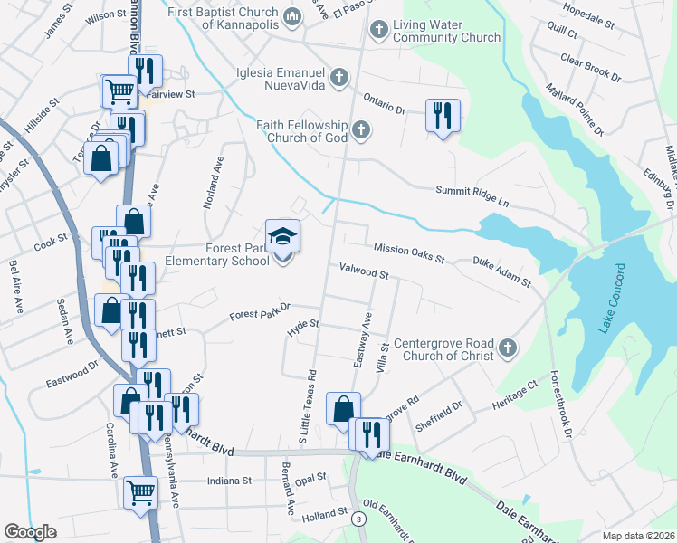 map of restaurants, bars, coffee shops, grocery stores, and more near 105 Vantage Street in Kannapolis