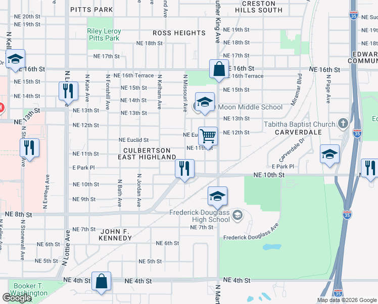 map of restaurants, bars, coffee shops, grocery stores, and more near 1810 East Park Place in Oklahoma City