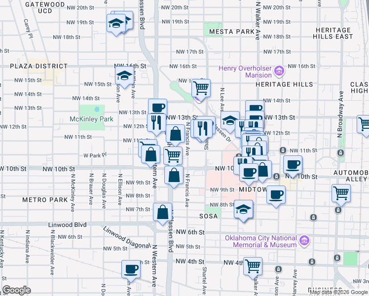 map of restaurants, bars, coffee shops, grocery stores, and more near 1110 North Francis Avenue in Oklahoma City