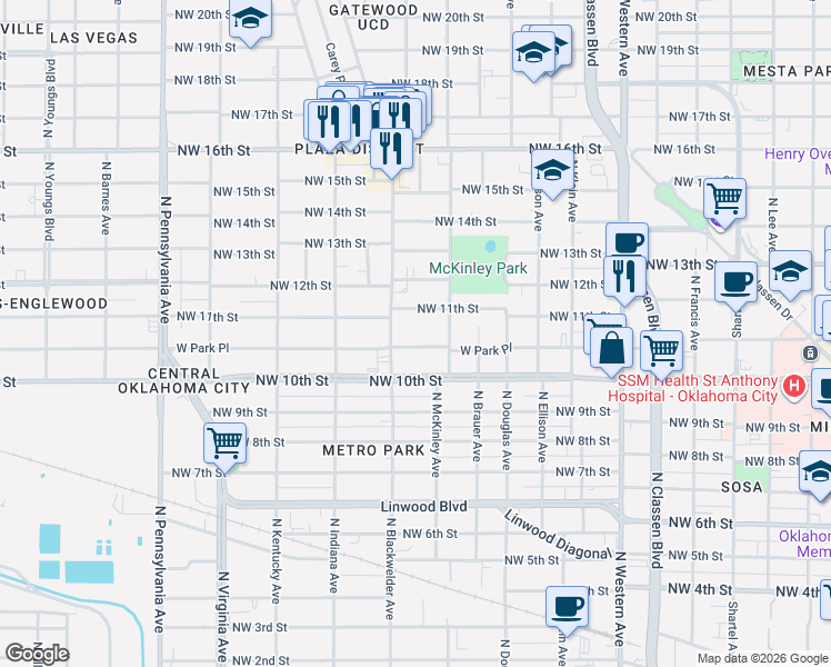 map of restaurants, bars, coffee shops, grocery stores, and more near 1616 West Park Place in Oklahoma City