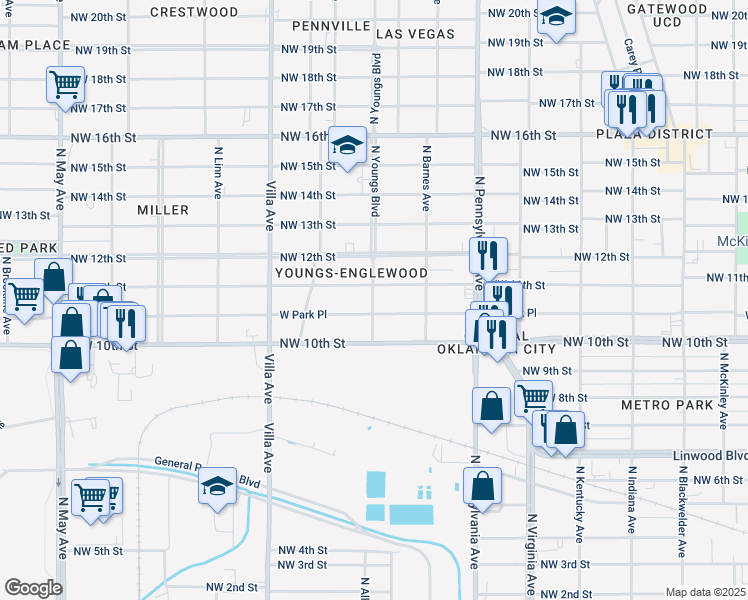 map of restaurants, bars, coffee shops, grocery stores, and more near 1123 North Youngs Boulevard in Oklahoma City