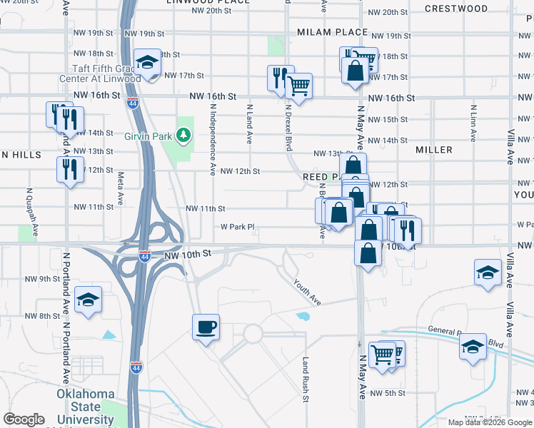 map of restaurants, bars, coffee shops, grocery stores, and more near 3145 West Park Place in Oklahoma City