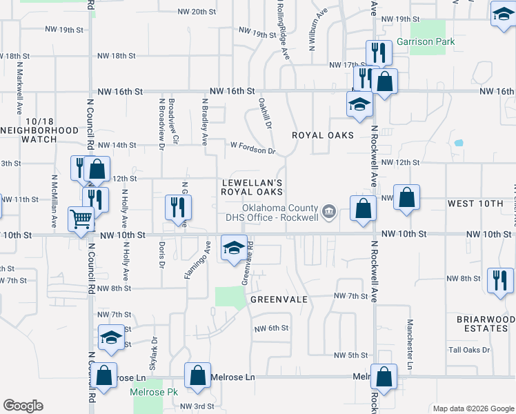 map of restaurants, bars, coffee shops, grocery stores, and more near 1126 Glade Avenue in Oklahoma City