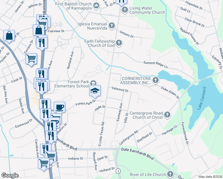 map of restaurants, bars, coffee shops, grocery stores, and more near 105 Vantage Street in Kannapolis