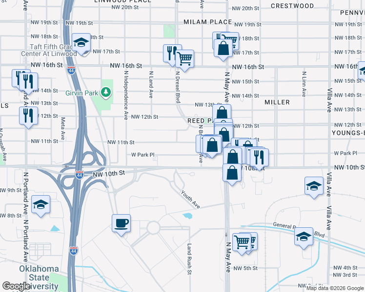map of restaurants, bars, coffee shops, grocery stores, and more near 3020 West Park Place in Oklahoma City