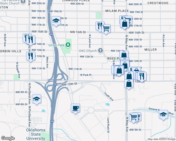 map of restaurants, bars, coffee shops, grocery stores, and more near 3208 Northwest 11th Street in Oklahoma City