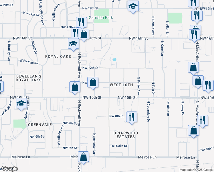 map of restaurants, bars, coffee shops, grocery stores, and more near 6731 Northwest 10th Street in Oklahoma City