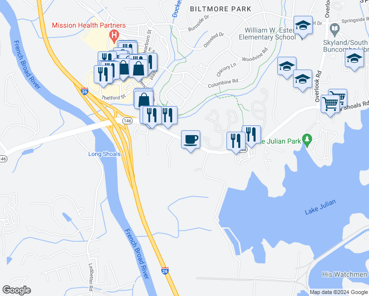 map of restaurants, bars, coffee shops, grocery stores, and more near 309 Long Shoals Road in Arden