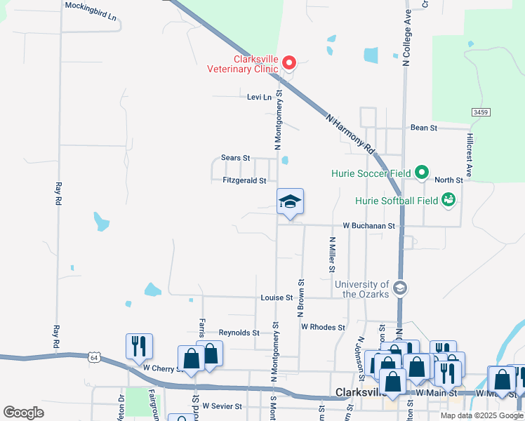 map of restaurants, bars, coffee shops, grocery stores, and more near 909 Riddell Street in Clarksville