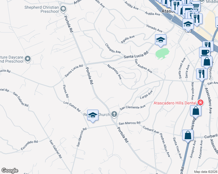 map of restaurants, bars, coffee shops, grocery stores, and more near 6360 Navarette Avenue in Atascadero