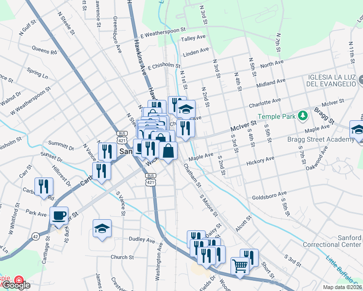 map of restaurants, bars, coffee shops, grocery stores, and more near 131b Chatham Street in Sanford