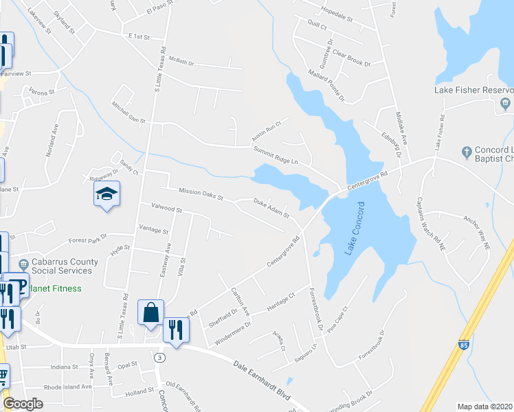 map of restaurants, bars, coffee shops, grocery stores, and more near 1831 Duke Adam Street in Kannapolis